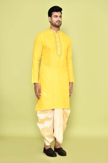 Shop_Arihant Rai Sinha_Yellow Cotton, Silk Embroidery Kurta And Beige Dhoti Pant Set