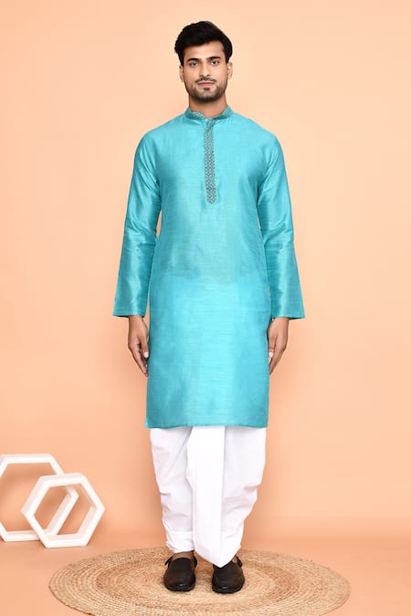 Arihant Rai Sinha_Blue Silk, Cotton Embroidery Thread Kurta And Cream Dhoti Pant Set_at_Aza_Fashions