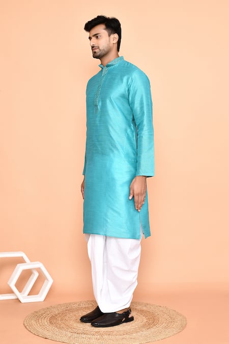 Buy_Arihant Rai Sinha_Blue Silk, Cotton Embroidery Thread Kurta And Cream Dhoti Pant Set