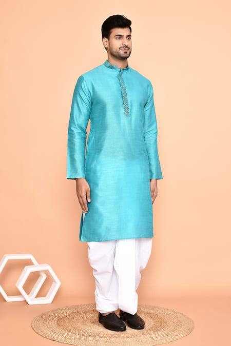 Shop Arihant Rai Sinha Blue Silk, Cotton Embroidery Thread Kurta And Cream Dhoti Pant Set Shop_Arihant Rai Sinha_Blue Silk, Cotton Embroidery Thread Kurta And Cream Dhoti Pant Set
