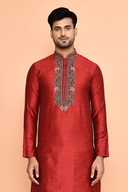 Arihant Rai Sinha Maroon Silk, Polyester Embroidery Kurta And Black Dhoti Pant Set Online at Aza Fashions Arihant Rai Sinha_Maroon Silk, Polyester Embroidery Kurta And Black Dhoti Pant Set _Online_at_Aza_Fashions