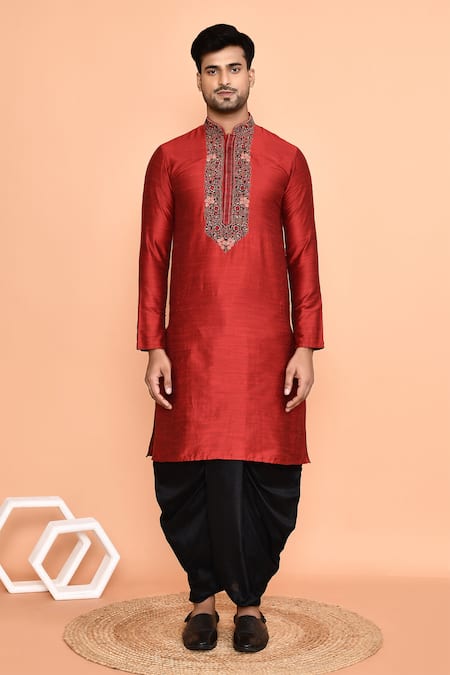 Buy_Arihant Rai Sinha_Maroon Silk, Polyester Embroidery Kurta And Black Dhoti Pant Set _Online_at_Aza_Fashions