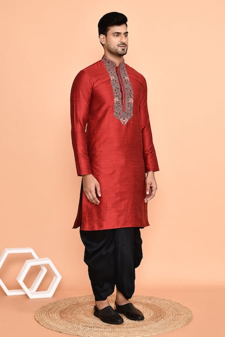 Shop_Arihant Rai Sinha_Maroon Silk, Polyester Embroidery Kurta And Black Dhoti Pant Set _Online_at_Aza_Fashions
