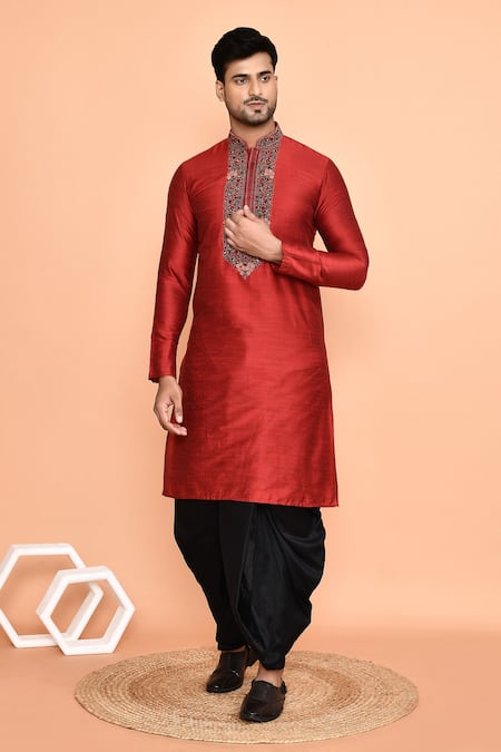 Arihant Rai Sinha_Maroon Silk, Polyester Embroidery Kurta And Black Dhoti Pant Set _at_Aza_Fashions