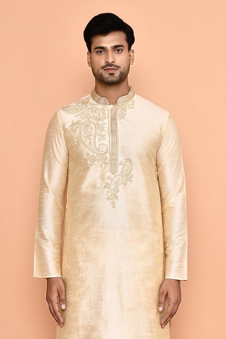 Buy_Arihant Rai Sinha_Beige Silk Embroidery Thread Kurta And Dhoti Pant Set _Online_at_Aza_Fashions