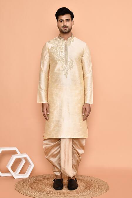 Shop_Arihant Rai Sinha_Beige Silk Embroidery Thread Kurta And Dhoti Pant Set _Online_at_Aza_Fashions