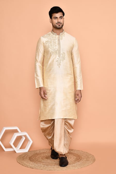 Buy_Arihant Rai Sinha_Beige Silk Embroidery Thread Kurta And Dhoti Pant Set 