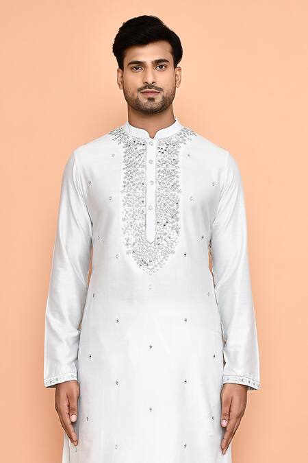 Arihant Rai Sinha Grey Silk Embroidery Thread Work Kurta And Cream Dhoti Pant Set Online at Aza Fashions Arihant Rai Sinha_Grey Silk Embroidery Thread Work Kurta And Cream Dhoti Pant Set _Online_at_Aza_Fashions
