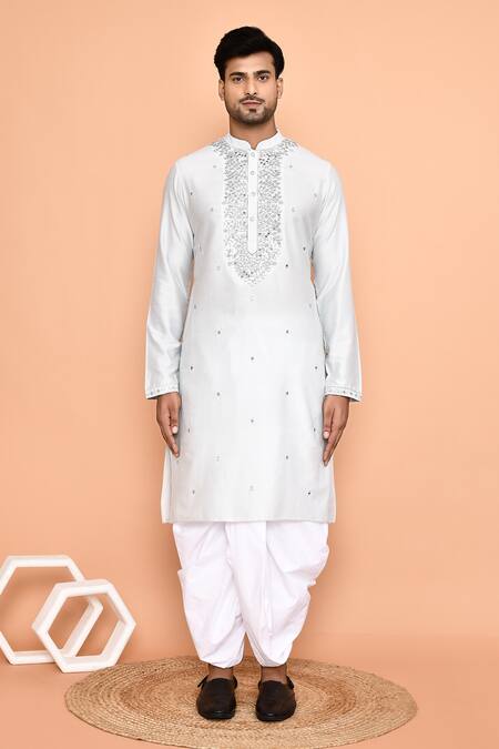 Buy_Arihant Rai Sinha_Grey Silk Embroidery Thread Work Kurta And Cream Dhoti Pant Set _Online_at_Aza_Fashions
