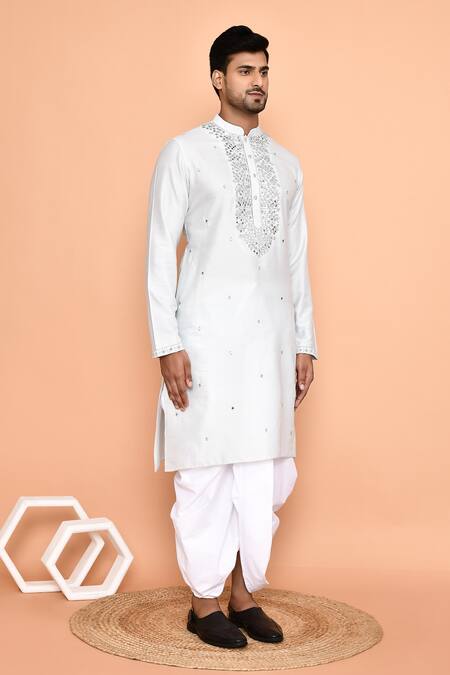 Shop_Arihant Rai Sinha_Grey Silk Embroidery Thread Work Kurta And Cream Dhoti Pant Set _Online_at_Aza_Fashions