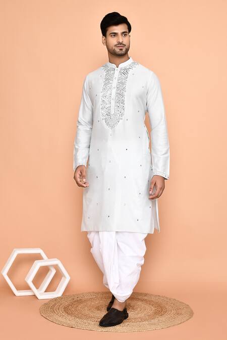 Arihant Rai Sinha_Grey Silk Embroidery Thread Work Kurta And Cream Dhoti Pant Set _at_Aza_Fashions