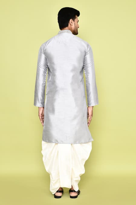 Shop_Arihant Rai Sinha_Grey Silk Embroidery Thread Work Kurta And Dhoti Pant Set _at_Aza_Fashions