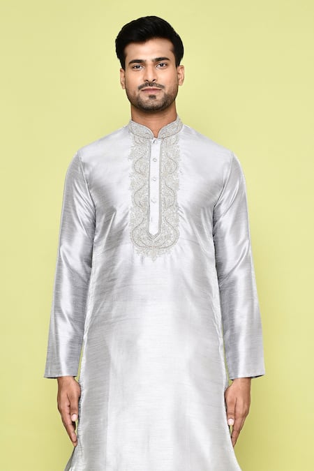 Buy Arihant Rai Sinha Grey Silk Embroidery Thread Work Kurta And Dhoti Pant Set Online at Aza Fashions Buy_Arihant Rai Sinha_Grey Silk Embroidery Thread Work Kurta And Dhoti Pant Set _Online_at_Aza_Fashions