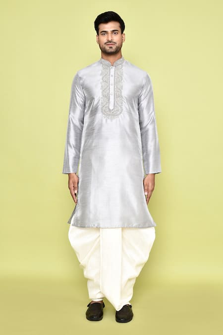 Shop_Arihant Rai Sinha_Grey Silk Embroidery Thread Work Kurta And Dhoti Pant Set _Online_at_Aza_Fashions