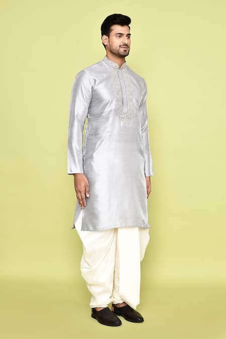 Arihant Rai Sinha_Grey Silk Embroidery Thread Work Kurta And Dhoti Pant Set _at_Aza_Fashions
