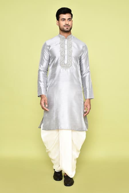 Buy_Arihant Rai Sinha_Grey Silk Embroidery Thread Work Kurta And Dhoti Pant Set 