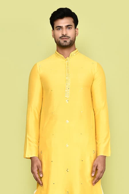 Buy_Arihant Rai Sinha_Yellow Silk Mirrors, Embroidery Kurta And Beige Dhoti Pant Set_Online_at_Aza_Fashions