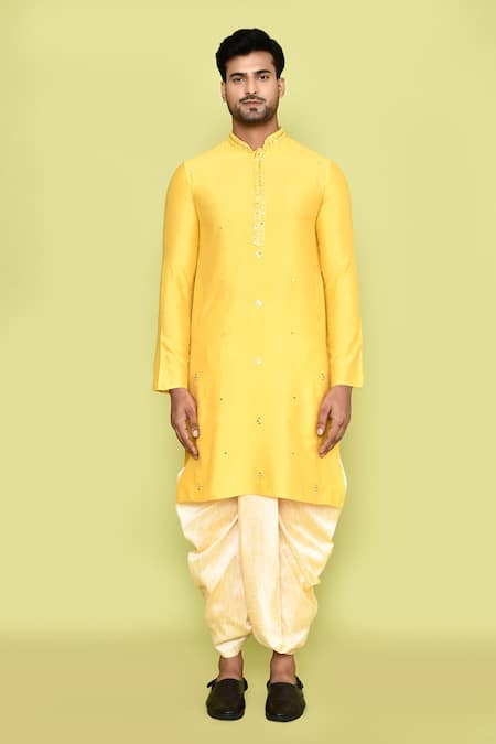 Shop_Arihant Rai Sinha_Yellow Silk Mirrors, Embroidery Kurta And Beige Dhoti Pant Set_Online_at_Aza_Fashions