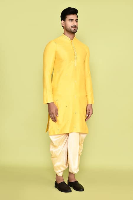 Arihant Rai Sinha_Yellow Silk Mirrors, Embroidery Kurta And Beige Dhoti Pant Set_at_Aza_Fashions
