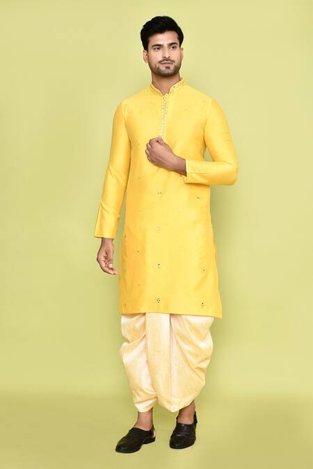 Buy_Arihant Rai Sinha_Yellow Silk Mirrors, Embroidery Kurta And Beige Dhoti Pant Set