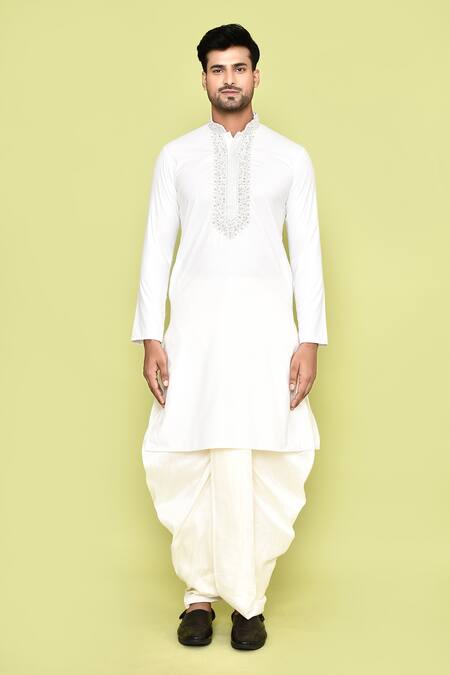 Shop_Arihant Rai Sinha_Cream Cotton, Silk Embroidery Thread Kurta And Off-white Dhoti Pant Set _Online_at_Aza_Fashions