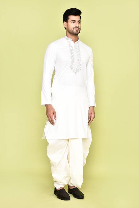 Arihant Rai Sinha_Cream Cotton, Silk Embroidery Thread Kurta And Off-white Dhoti Pant Set _at_Aza_Fashions