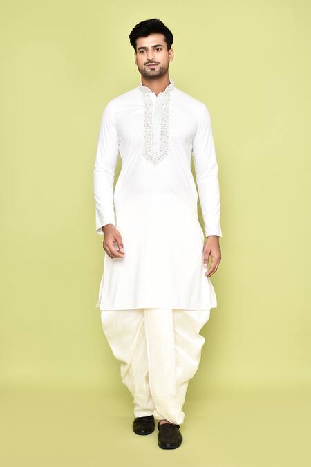 Buy_Arihant Rai Sinha_Cream Cotton, Silk Embroidery Thread Kurta And Off-white Dhoti Pant Set 