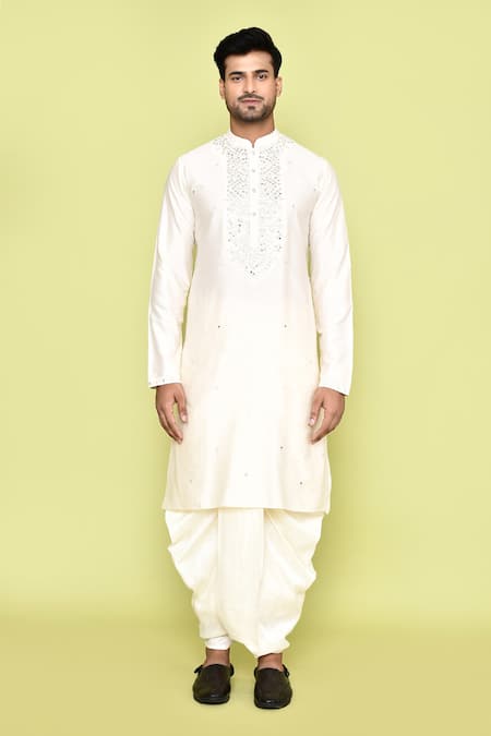Buy_Arihant Rai Sinha_Beige Silk Mirrors, Embroidery Thread Kurta And Dhoti Pant Set _Online_at_Aza_Fashions