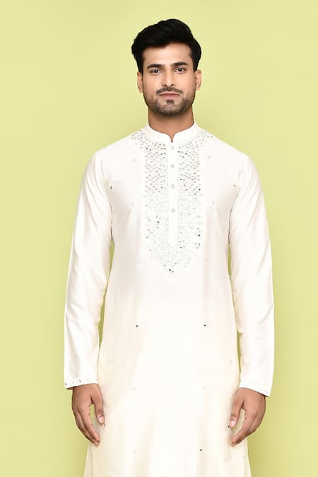 Shop_Arihant Rai Sinha_Beige Silk Mirrors, Embroidery Thread Kurta And Dhoti Pant Set _Online_at_Aza_Fashions