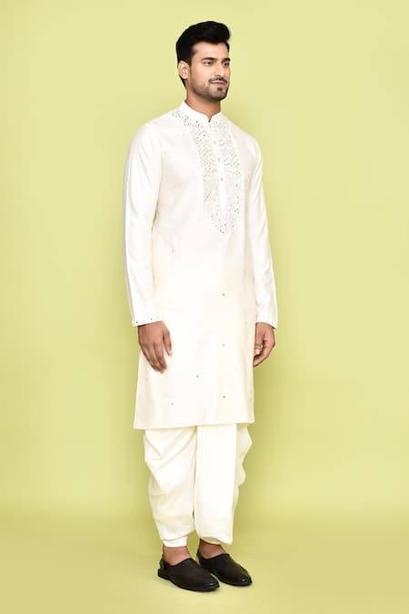 Buy_Arihant Rai Sinha_Beige Silk Mirrors, Embroidery Thread Kurta And Dhoti Pant Set 