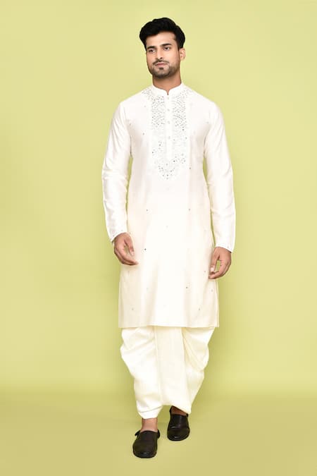 Shop_Arihant Rai Sinha_Beige Silk Mirrors, Embroidery Thread Kurta And Dhoti Pant Set 