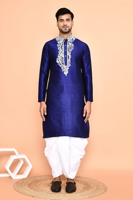 Arihant Rai Sinha_Blue Silk, Cotton Embroidery Thread Kurta And Cream Dhoti Pant Set _Online_at_Aza_Fashions