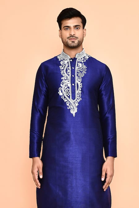 Buy_Arihant Rai Sinha_Blue Silk, Cotton Embroidery Thread Kurta And Cream Dhoti Pant Set _Online_at_Aza_Fashions