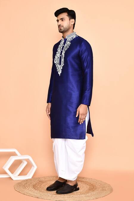 Shop_Arihant Rai Sinha_Blue Silk, Cotton Embroidery Thread Kurta And Cream Dhoti Pant Set _Online_at_Aza_Fashions