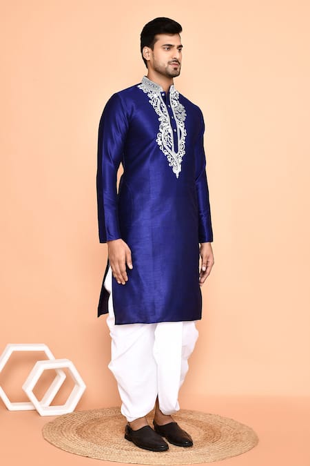 Arihant Rai Sinha_Blue Silk, Cotton Embroidery Thread Kurta And Cream Dhoti Pant Set _at_Aza_Fashions