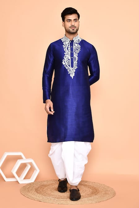 Buy_Arihant Rai Sinha_Blue Silk, Cotton Embroidery Thread Kurta And Cream Dhoti Pant Set 