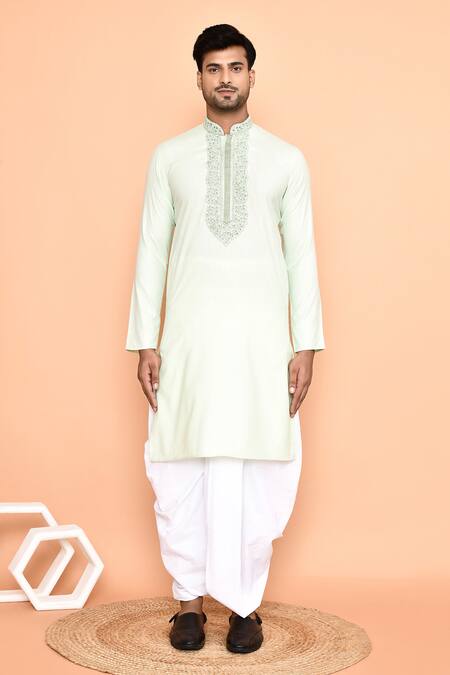 Buy_Arihant Rai Sinha_Green Silk, Cotton Embroidery Thread Kurta And Off-white Dhoti Pant Set _Online_at_Aza_Fashions