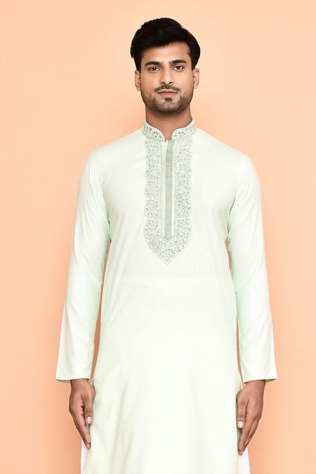 Shop_Arihant Rai Sinha_Green Silk, Cotton Embroidery Thread Kurta And Off-white Dhoti Pant Set _Online_at_Aza_Fashions