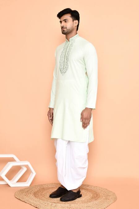 Arihant Rai Sinha_Green Silk, Cotton Embroidery Thread Kurta And Off-white Dhoti Pant Set _at_Aza_Fashions