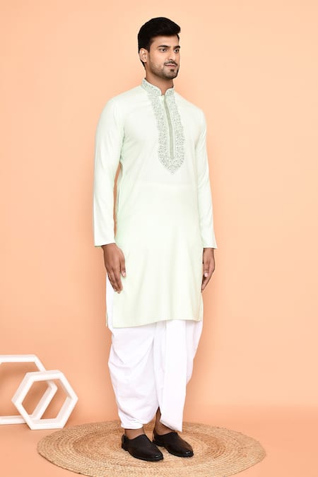 Buy_Arihant Rai Sinha_Green Silk, Cotton Embroidery Thread Kurta And Off-white Dhoti Pant Set 