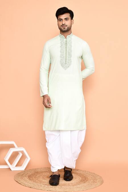 Shop_Arihant Rai Sinha_Green Silk, Cotton Embroidery Thread Kurta And Off-white Dhoti Pant Set 