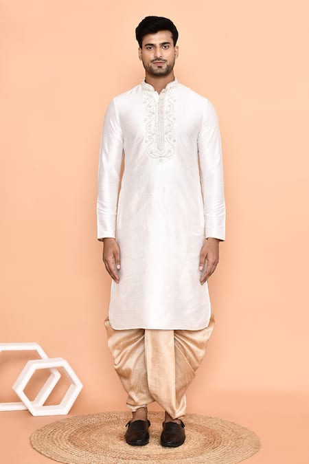 Buy_Arihant Rai Sinha_Cream Silk Embroidery Kurta And Peach Dhoti Pant Set_Online_at_Aza_Fashions