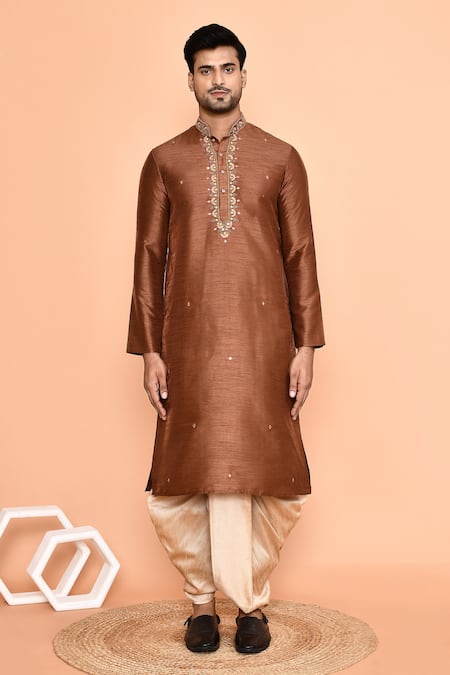 Shop_Arihant Rai Sinha_Brown Silk Mirrors, Embroidery Kurta And Cream Dhoti Pant Set_Online_at_Aza_Fashions