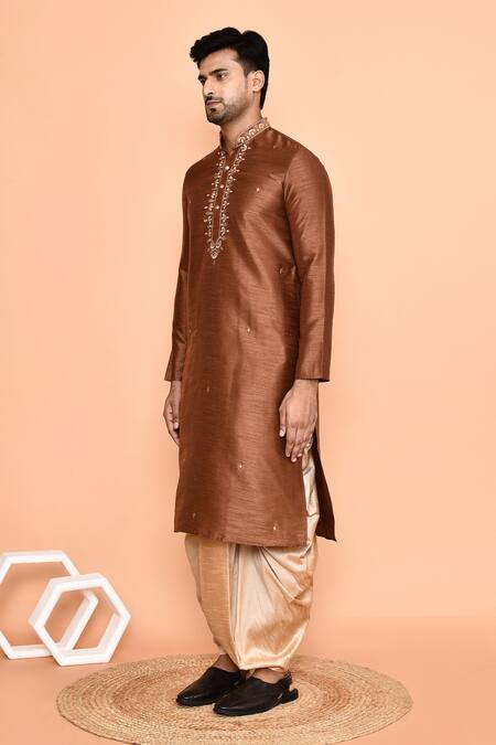 Arihant Rai Sinha_Brown Silk Mirrors, Embroidery Kurta And Cream Dhoti Pant Set_at_Aza_Fashions