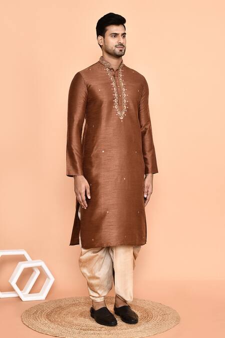 Buy_Arihant Rai Sinha_Brown Silk Mirrors, Embroidery Kurta And Cream Dhoti Pant Set