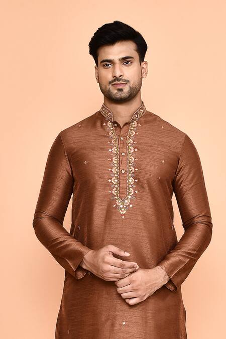 Shop_Arihant Rai Sinha_Brown Silk Mirrors, Embroidery Kurta And Cream Dhoti Pant Set