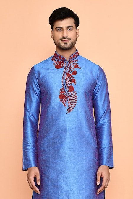 Shop Arihant Rai Sinha Blue Silk Embroidery Thread Kurta And Maroon Dhoti Pant Set Online at Aza Fashions Shop_Arihant Rai Sinha_Blue Silk Embroidery Thread Kurta And Maroon Dhoti Pant Set _Online_at_Aza_Fashions