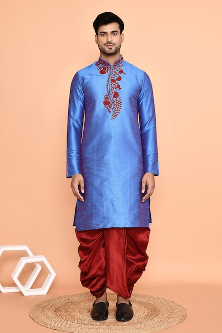 Arihant Rai Sinha_Blue Silk Embroidery Thread Kurta And Maroon Dhoti Pant Set _at_Aza_Fashions