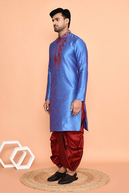 Buy_Arihant Rai Sinha_Blue Silk Embroidery Thread Kurta And Maroon Dhoti Pant Set 