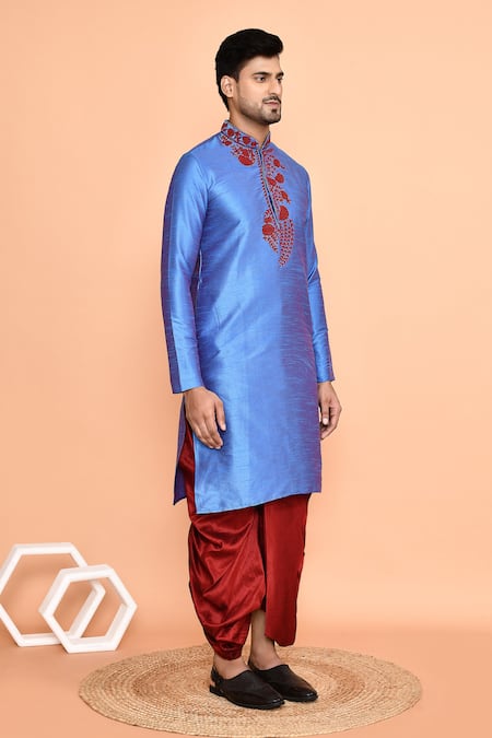 Shop Arihant Rai Sinha Blue Silk Embroidery Thread Kurta And Maroon Dhoti Pant Set Shop_Arihant Rai Sinha_Blue Silk Embroidery Thread Kurta And Maroon Dhoti Pant Set